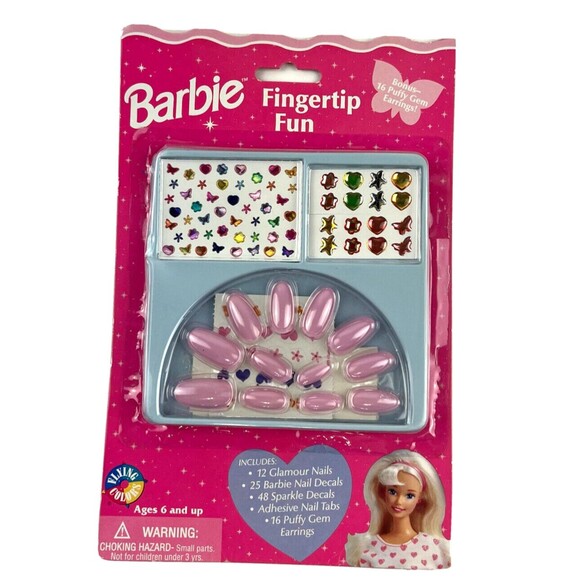 BARBIE Press On Nails Puff Earrings Fingertip Fun Millennial VTG 90s Mattel 1997 - Picture 1 of 5